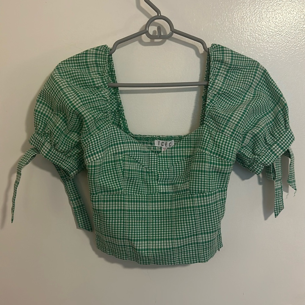 TCEC - crop top - green plaid - stretch - side zipper - bows on cap sleeves